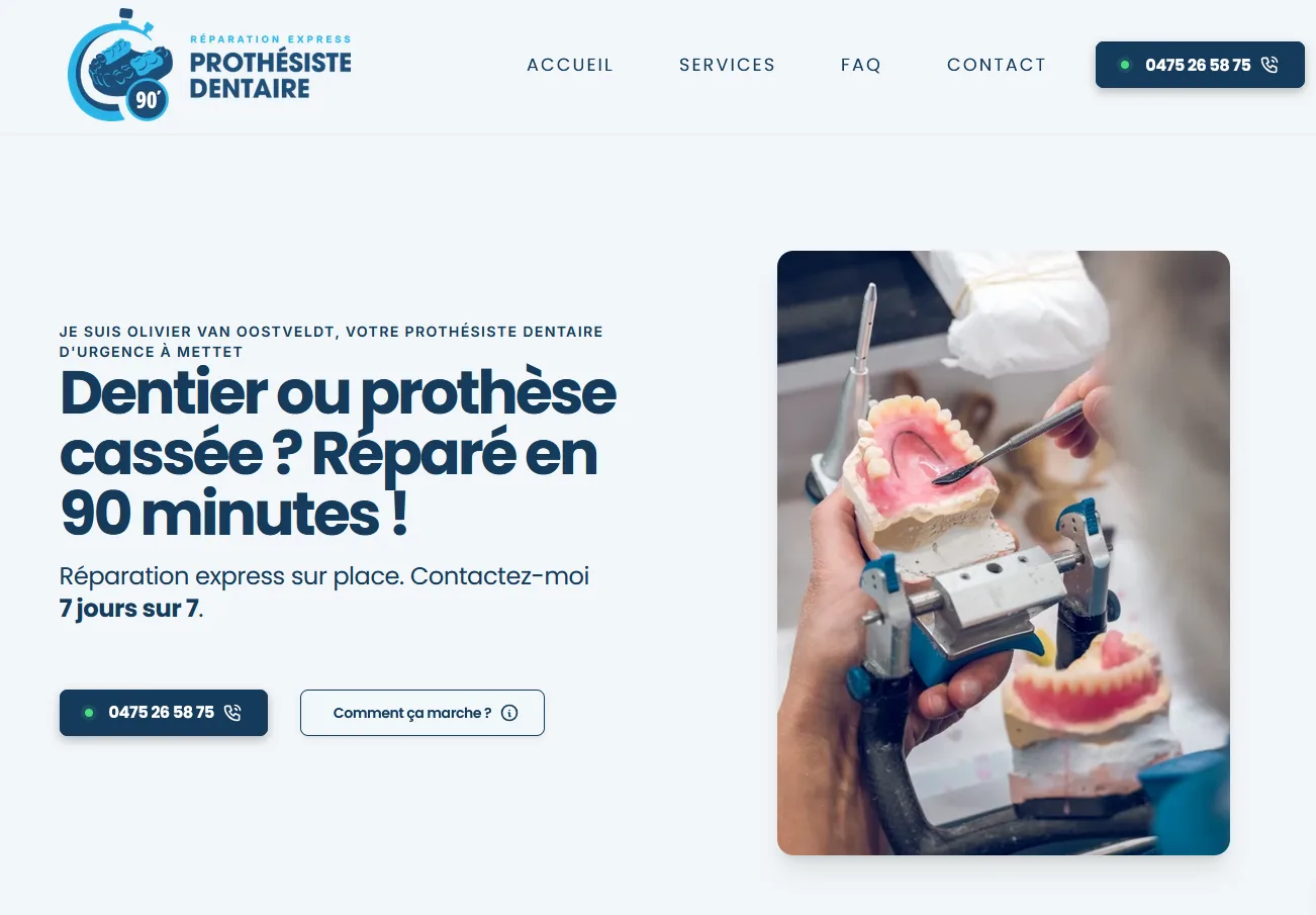 Capture de la page d’accueil du site Urgence Dentier